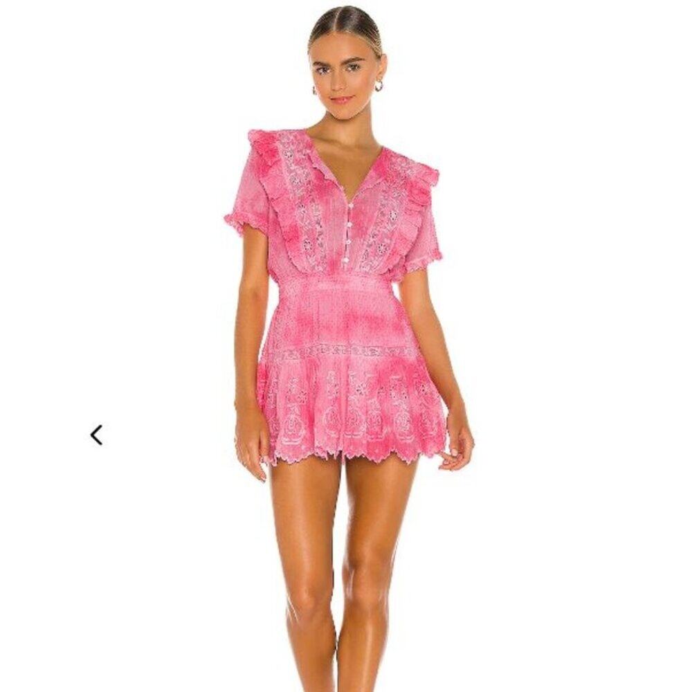 LoveShackFancy Pink Eyelet Ruffle Mini Dress with Gold Chain Belt - Picture 10 of 10